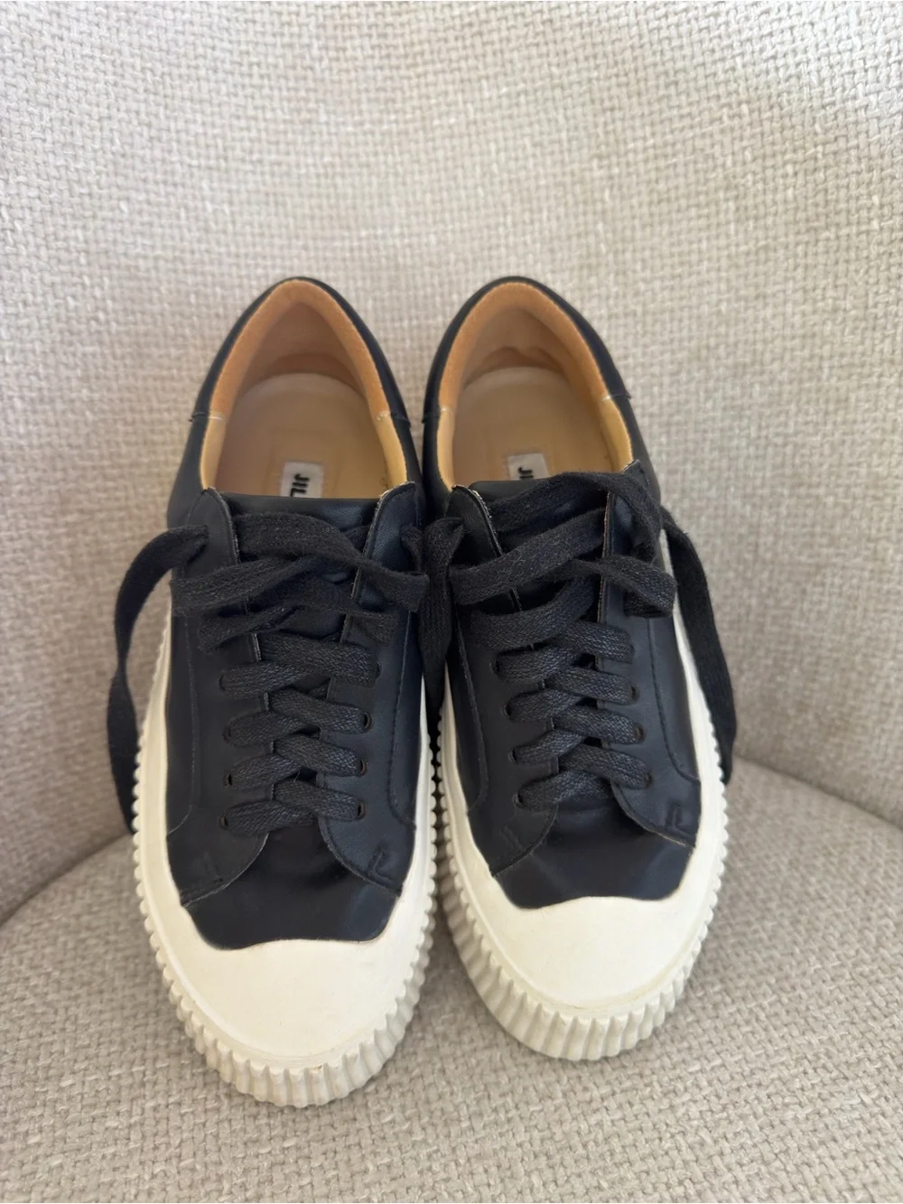Jil Sander  Black Leather Platform Sneakers with White Ribbed Sole